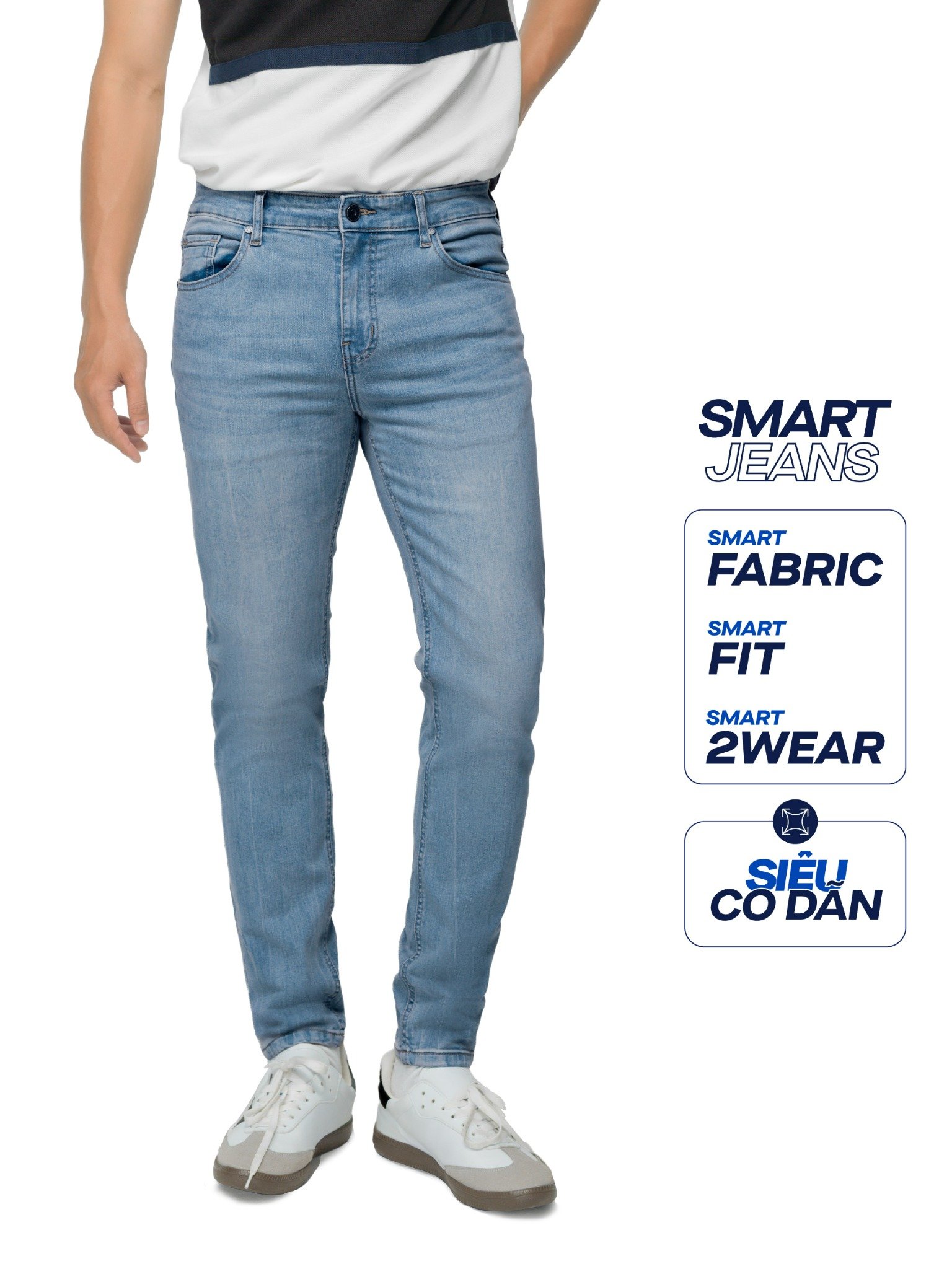 ICON DENIM Quần Smart Jean Nam Siêu Co Dãn Xanh Nhạt Form Smart Fit QJID0118