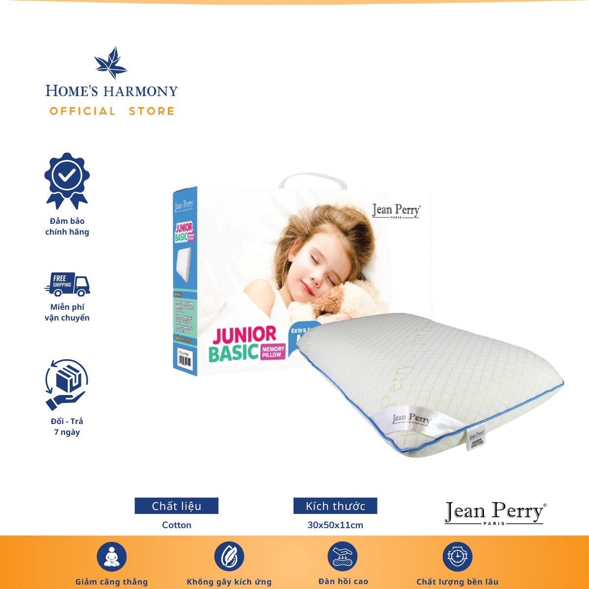 Gối Nằm Memory Foam Jean Perry Junior Basic Cao Cấp - Giúp giảm căng thẳng, Bảo quản dễ dàng