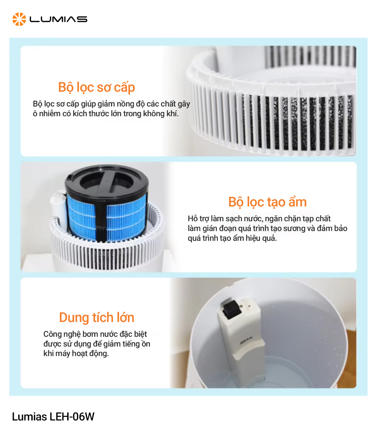 Máy tạo độ ẩm dung tích 10L chức năng ion âm Lumias LEH-06W