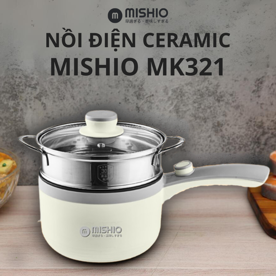 KOHNAN - Nồi Nấu Ceramic Mishio MK321 dung tích 1.5L kèm xửng hấp inox 304