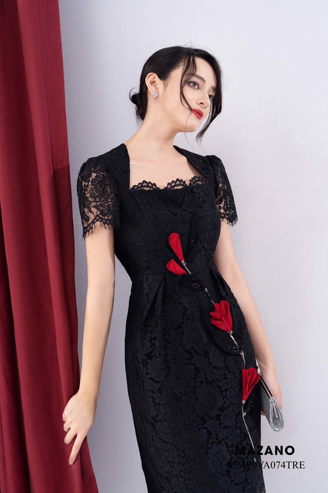 Váy Đầm Ôm Vải ren Cổ cách điệu Đính hoa thủ công Tay ngắn Dài trên bắp chân