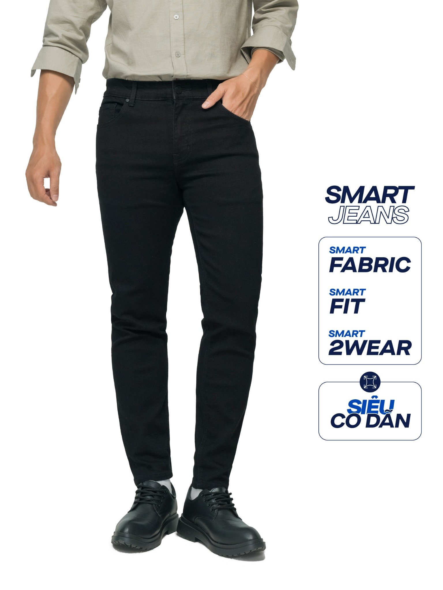 ICON DENIM Quần Smart Jean Nam Siêu Co Dãn Đen Trơn Form Smart Fit QJID0143