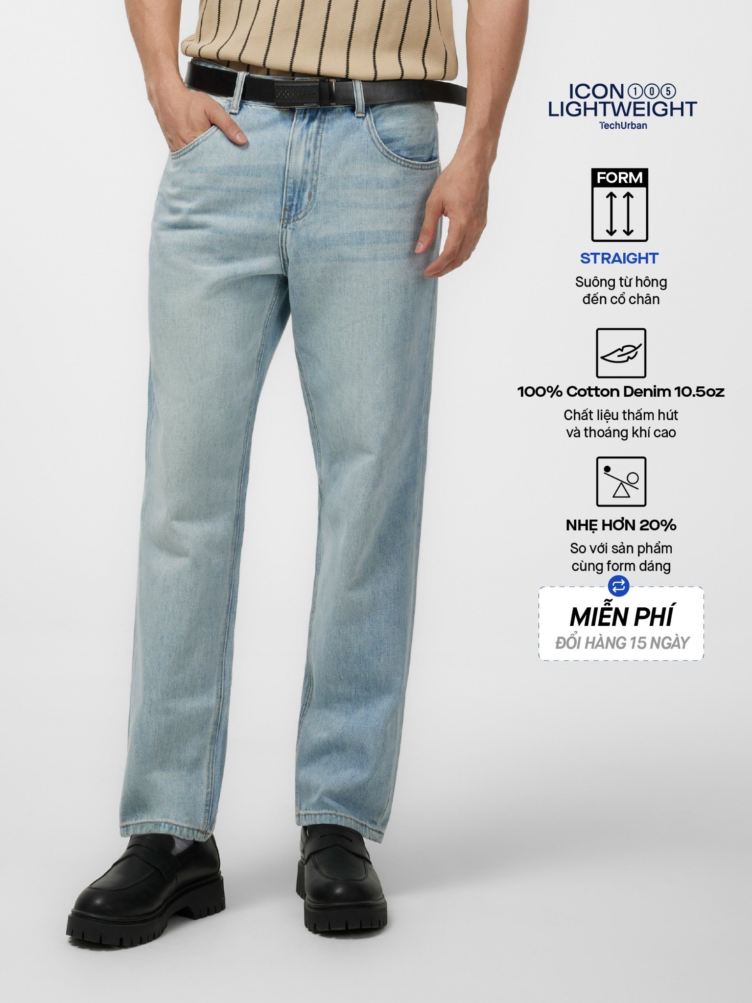 ICON DENIM Quần Jean Nam Siêu Nhẹ Ống Suông Xanh Nhạt Trơn ICON105 Form Straight QJID0174