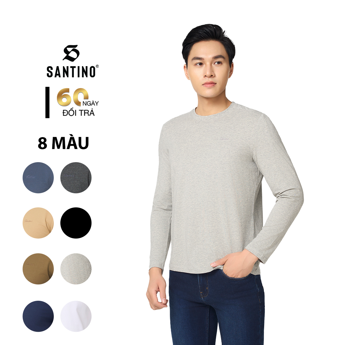 SANTINO - Áo Thun Nam Dài Tay Thu Đông Cổ Tròn, Cotton Giữ Ấm, Khoẻ Khoắn, Trẻ Trung P712
