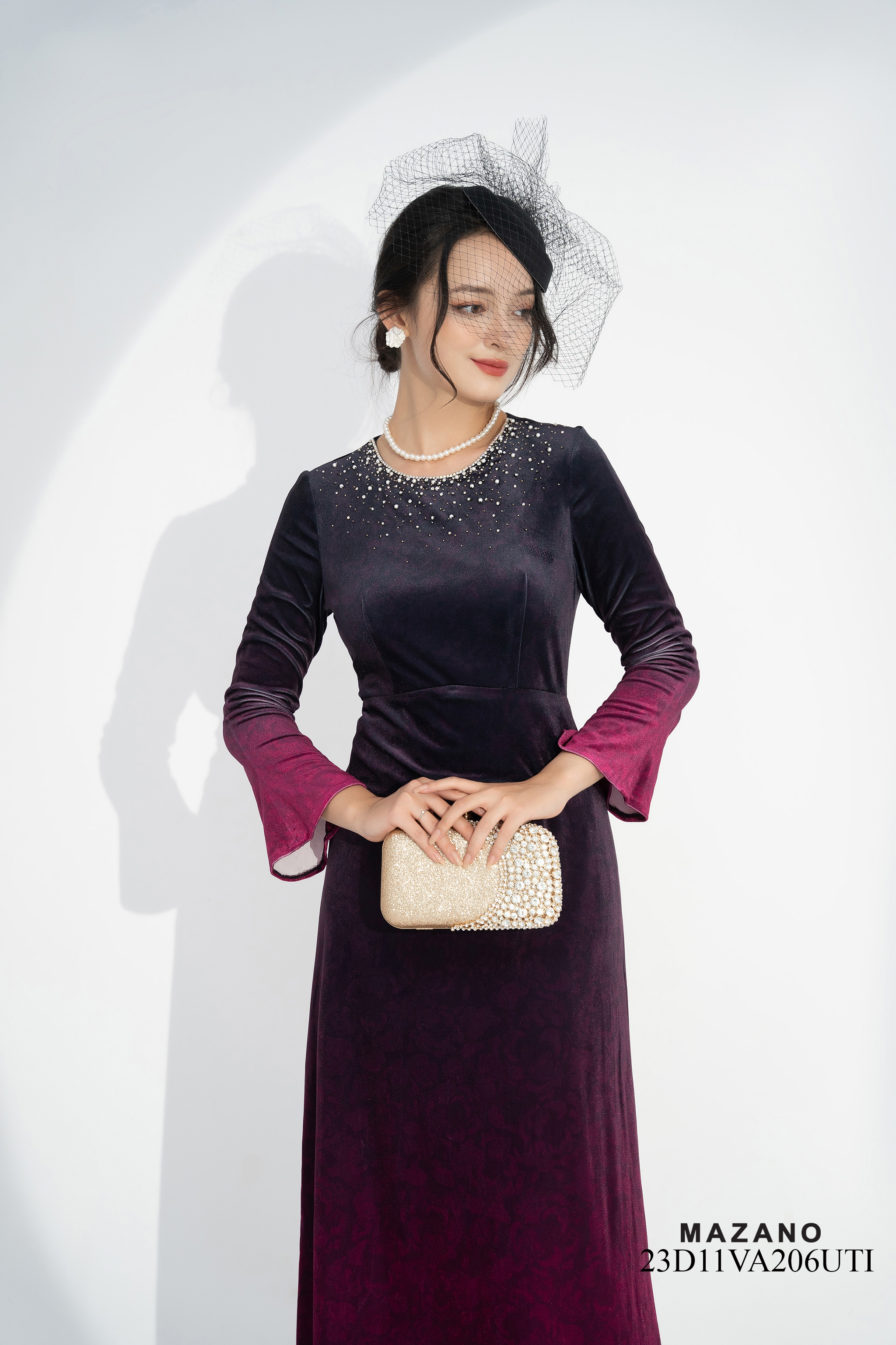 Váy Đầm ôm Chân rủ Vải nhung Họa tiết in chìm ombre Cổ tròn đính đá Tay dài Dài trên mắt cá chân