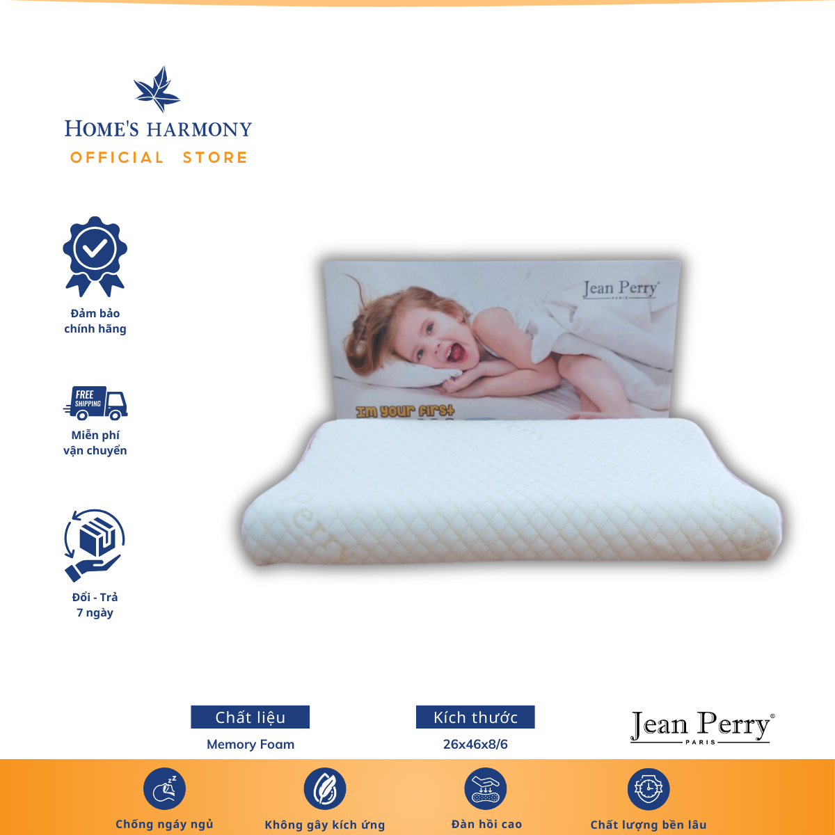Gối Nằm Memory Foam Jean Perry Kids phù hợp với bé từ 2 tới 9 tuổi, Không gây kích ứng, Độ đàn hồi cao