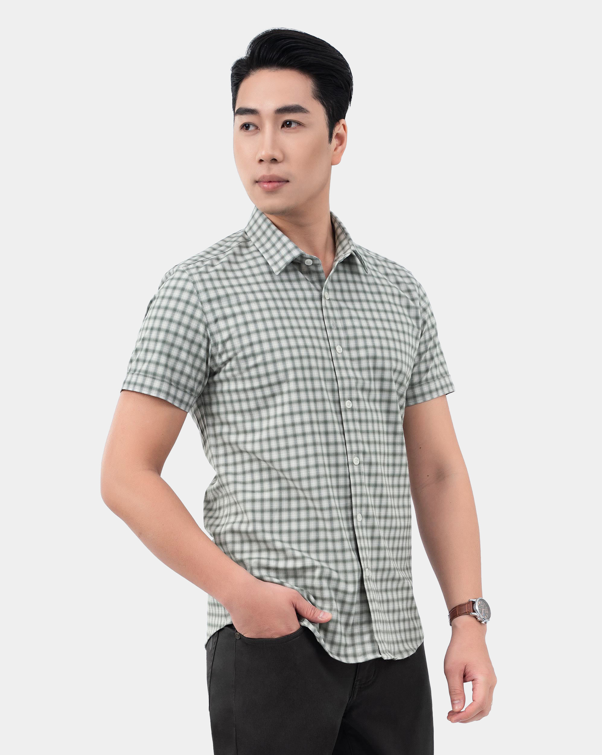 Áo sơ mi ngắn tay nam kẻ caro màu xanh rêu 4025A