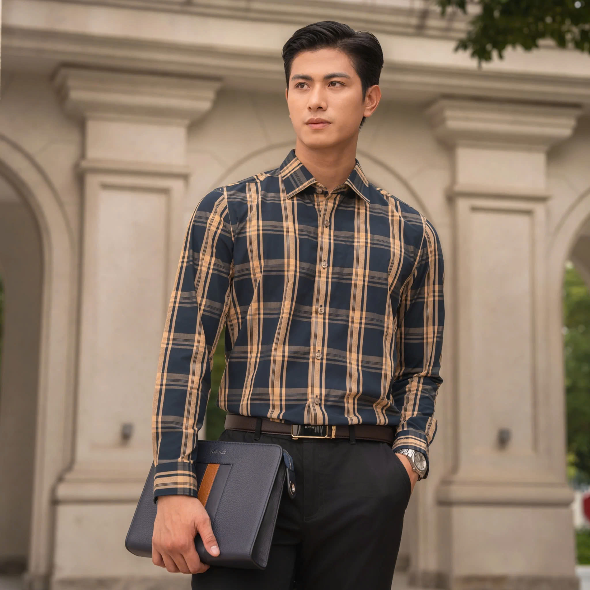 ARISTINO - Áo sơ mi dài tay Aristino ALS1720Z màu Đen kẻ nâu dệt họa tiết