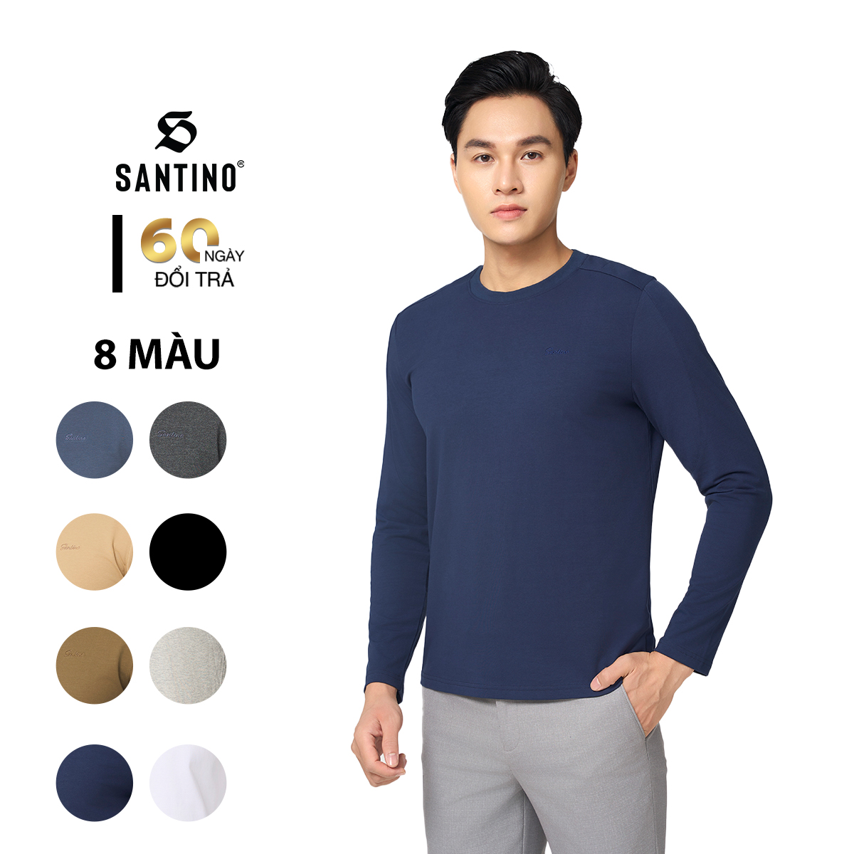 SANTINO - Áo Thun Nam Dài Tay Thu Đông Cổ Tròn, Cotton Giữ Ấm, Khoẻ Khoắn, Trẻ Trung P702