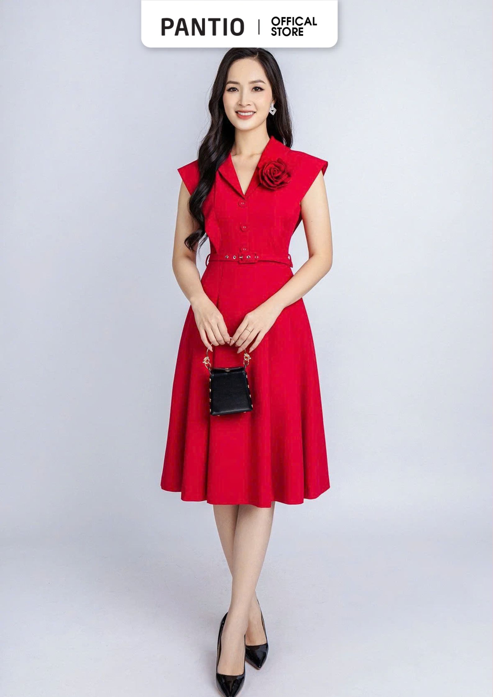 FDC34106 - Đầm công sở vải tuytsi dáng xoè có lót habutai cổ bẻ phối hoa 3D trang trí kèm thắt lưng tạo kiểu khoá thân s