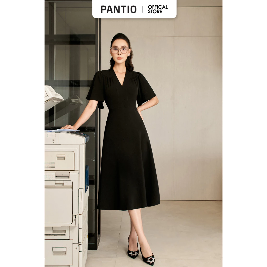 FDC33784 - Đầm công sở vải lụa dáng xòe có lót habutai cổ V nhún vai tay cánh tiên khóa thân sau - PANTIO