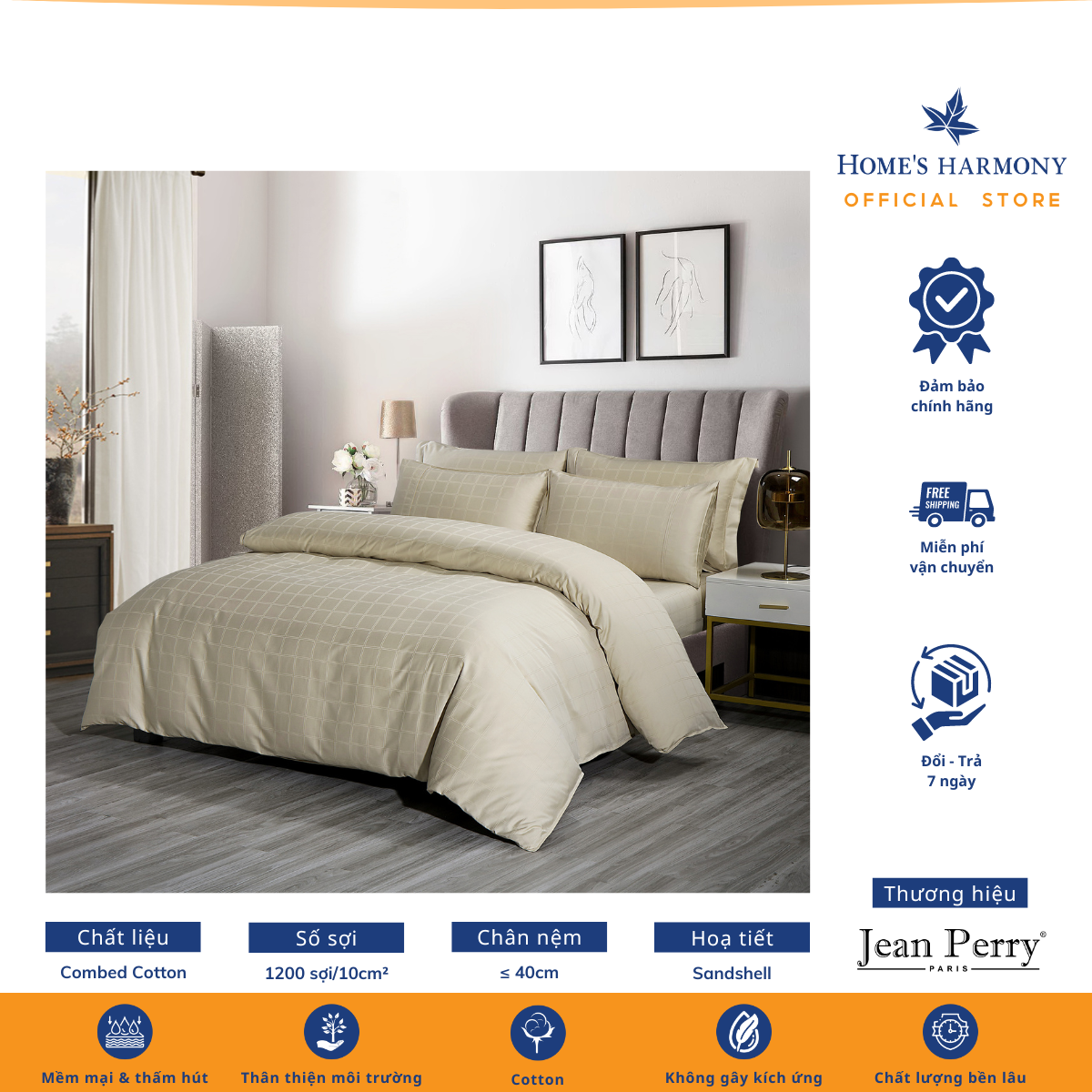 Bộ ga áo gối kèm vỏ chăn Cotton Jean Perry Prestige Pavia 1m6x2m 1m8x2m +40cm