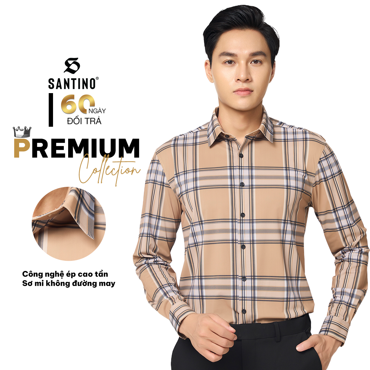 SANTINO - Áo Sơ Mi Nam Dài Tay Kẻ Sọc Caro Cao Cấp, Không Đường May, Chất Polyamide Chống Nhăn S768