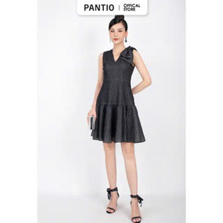 FDP32978 - Đầm dạo phố vải voan dáng xòe cổ V vai đính nơ 3D bản to - PANTIO