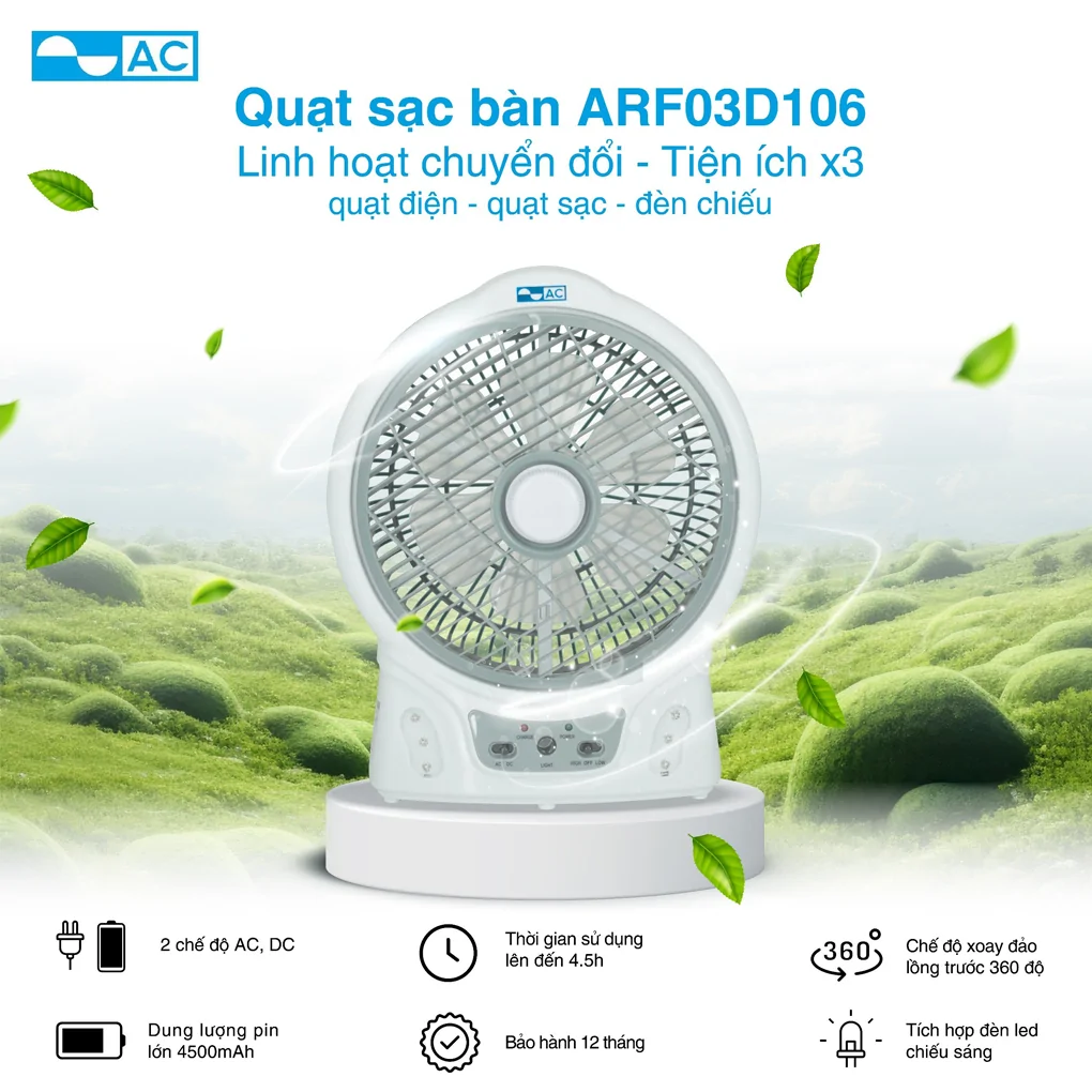KOHNAN - 069593 Quạt Bàn Sạc ARF03D106 12W