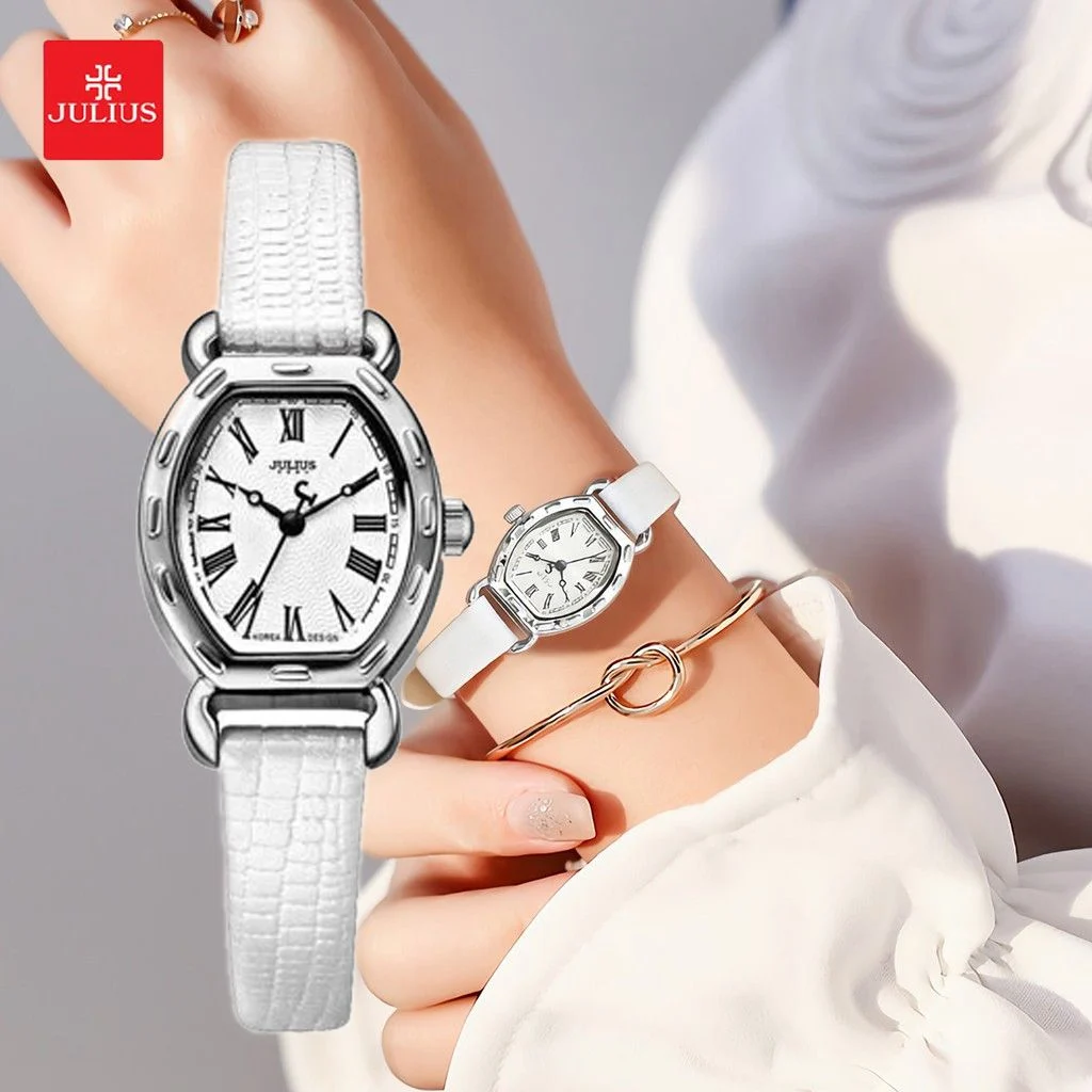 Đồng Hồ Nữ Julius Hàn Quốc Dây Da JA-544A JU1131 (Trắng Viền Bạc)