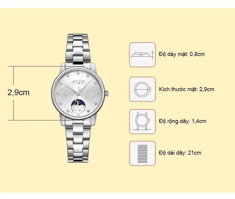 Đồng Hồ Nữ JS-029A Kính Sapphire Julius Star Hàn Quốc (BẠC)