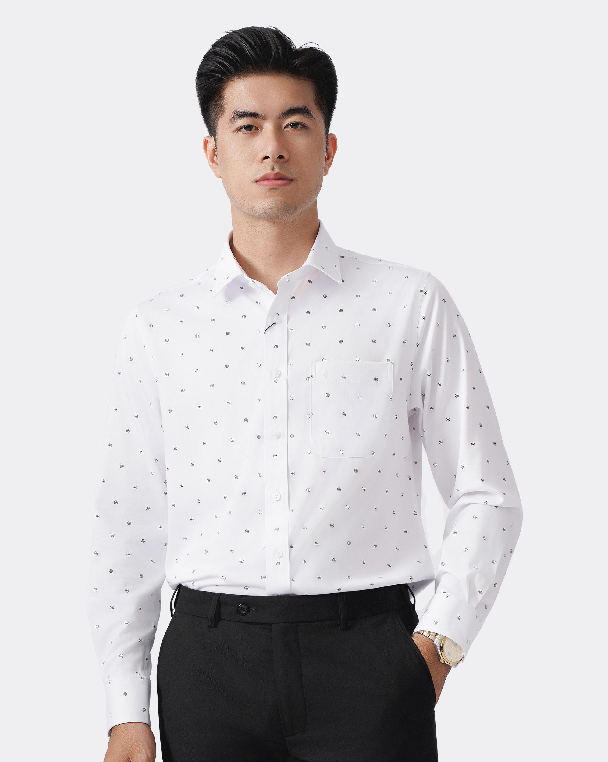 Áo sơ mi dài tay nam họa tiết chữ AB màu trắng 4044W