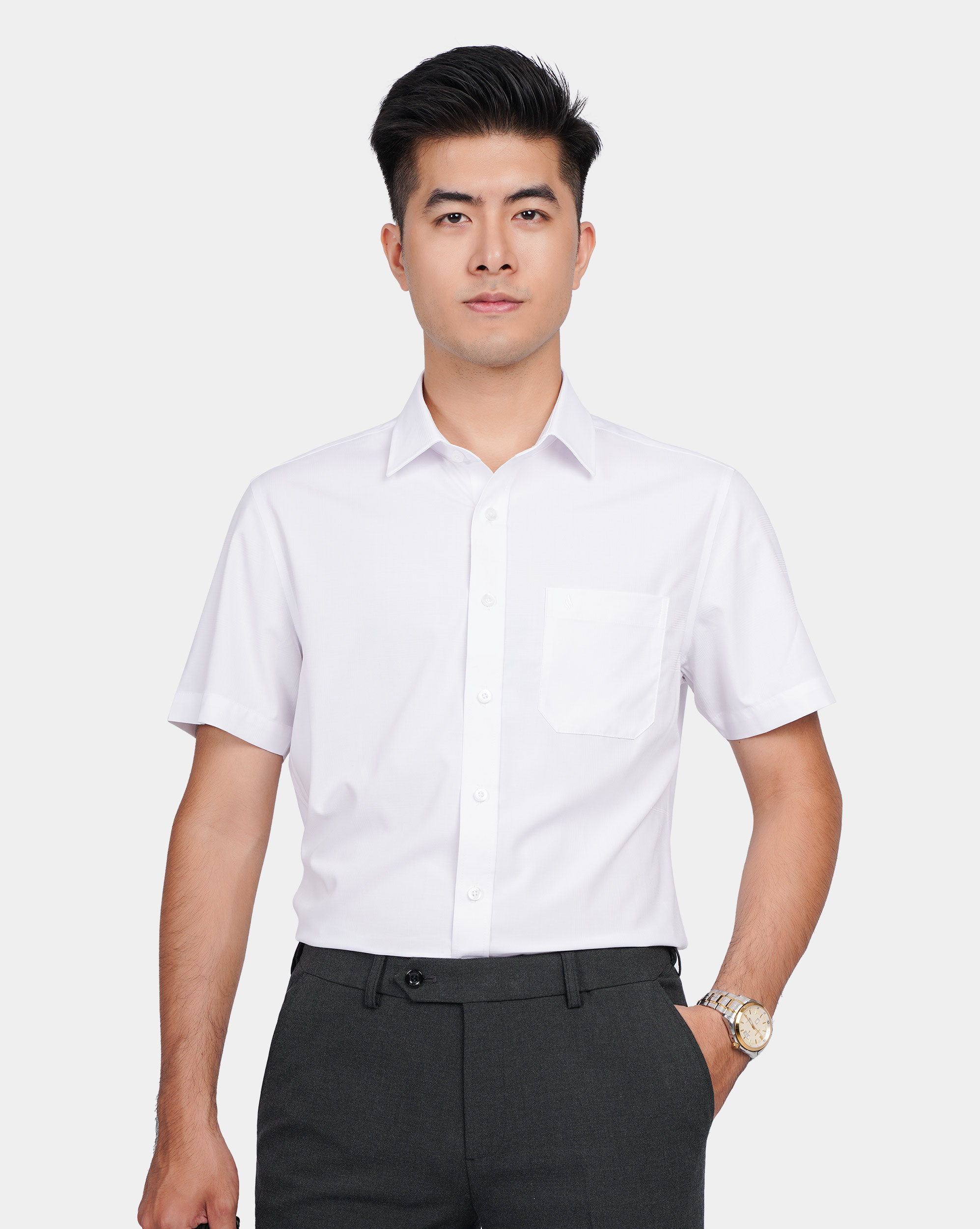 Áo sơ mi ngắn tay nam màu trắng họa tiết kẻ chìm 4031W