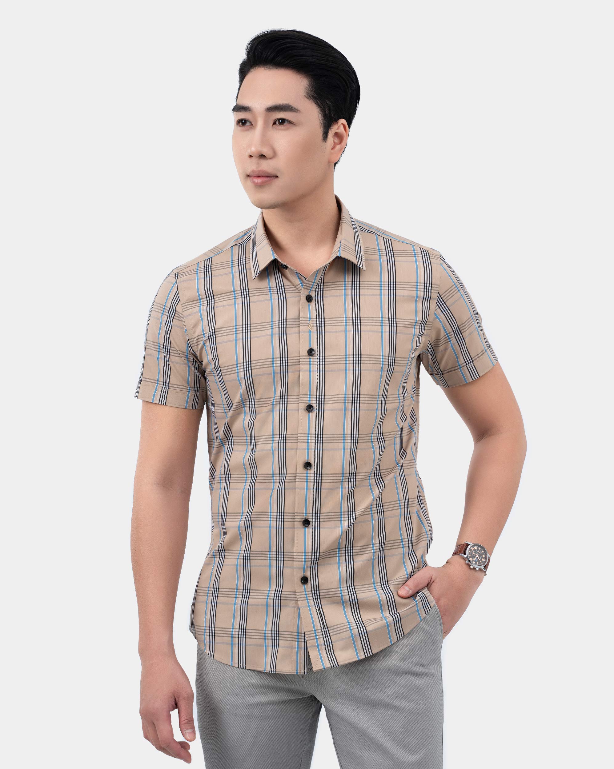 Áo sơ mi ngắn tay nam dáng slim kẻ màu vàng nhạt 4021C