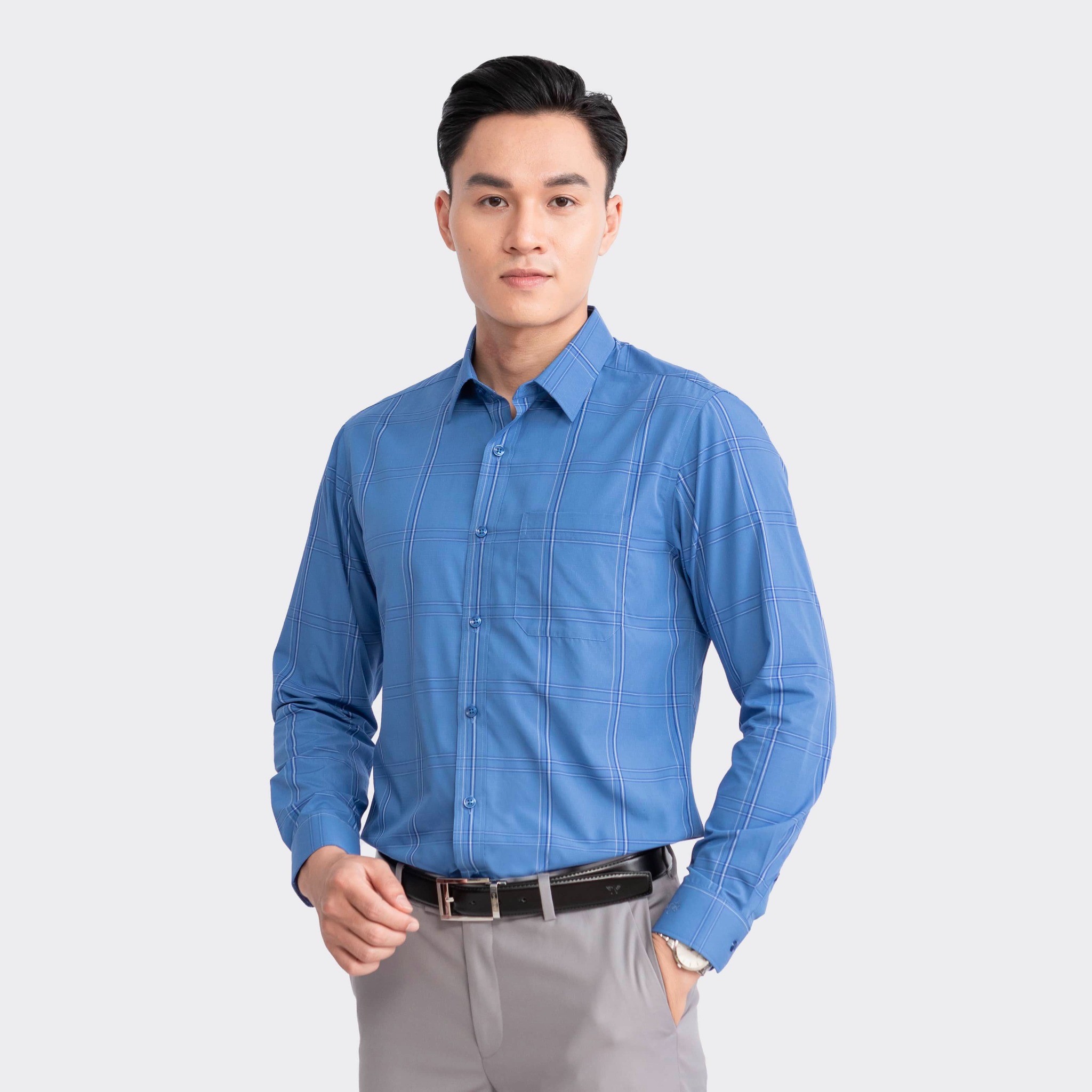 Aristino - Áo Sơ Mi Xanh Kẻ Trắng Nam ALS09203