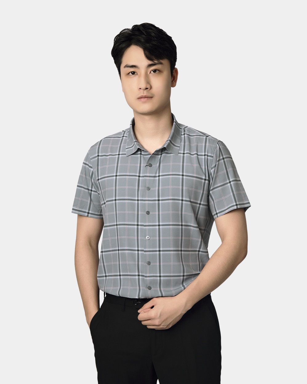 Áo sơ mi ngắn tay nam không đường may kẻ ô màu xám 4047C