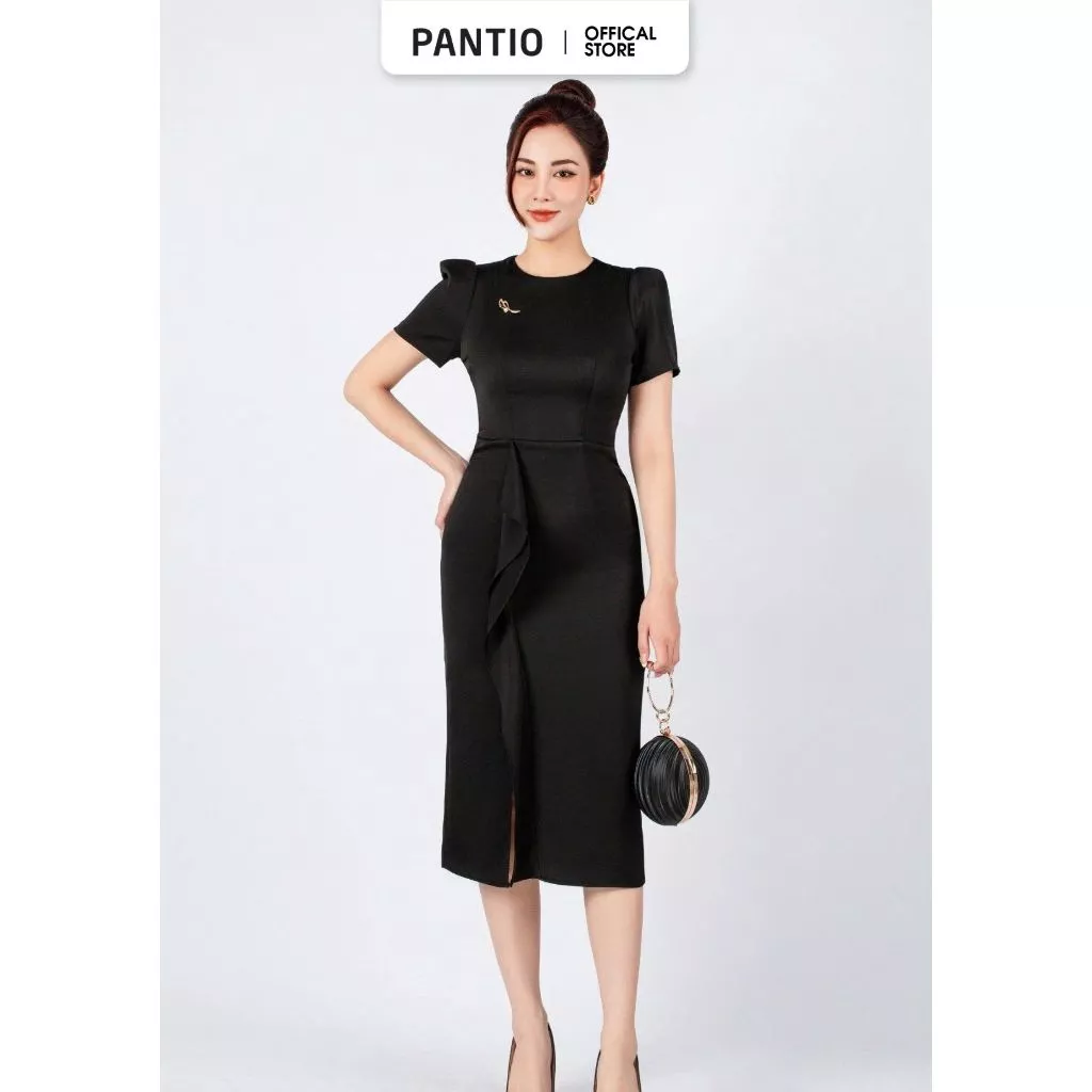 FDC14116 - Đầm công sở vải lụa dày dáng ôm có lót vải habutai cổ tròn chân đổ bèo lệch tạo kiểu khoá thân sau - PANTIO