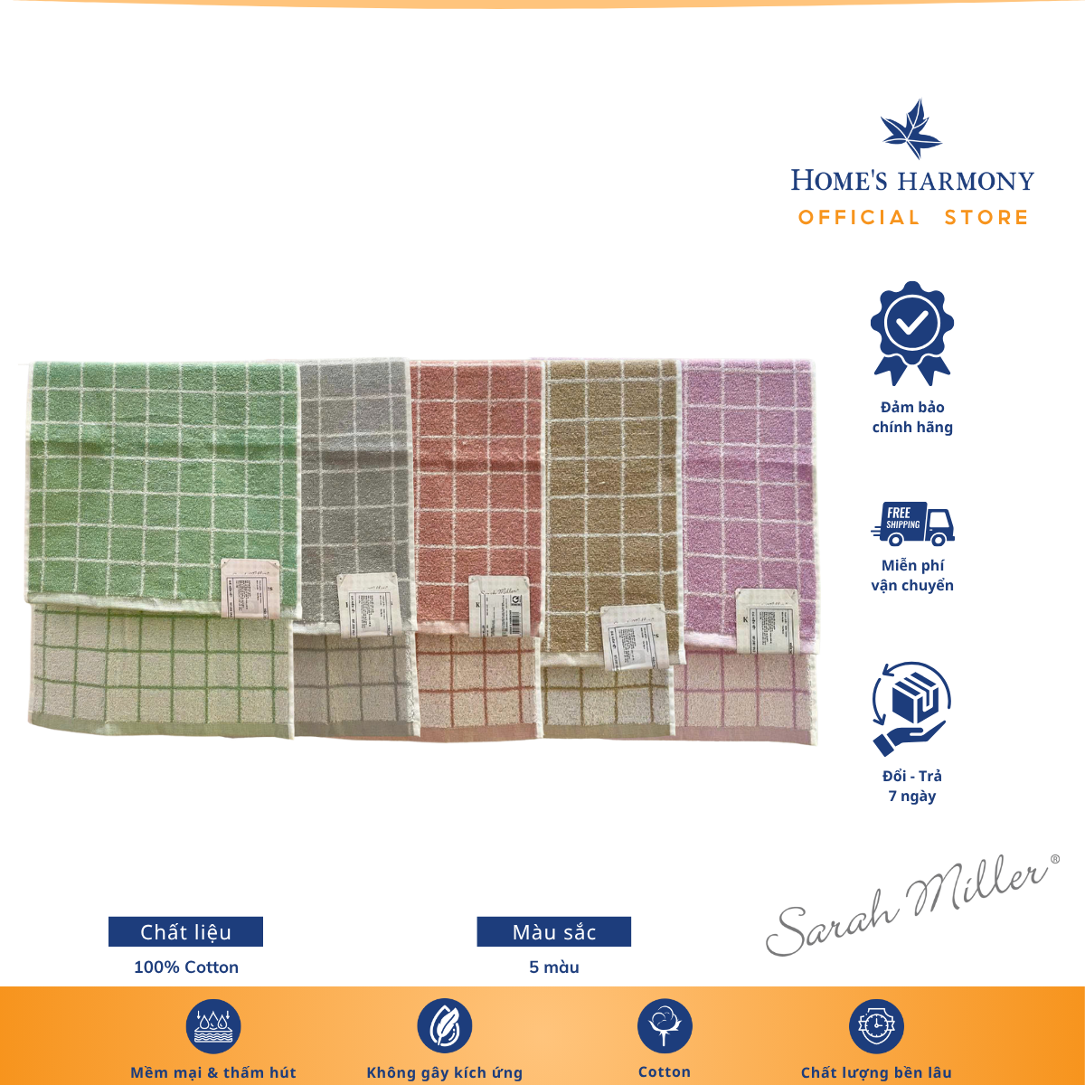 Khăn Tay Sarah Miller Cao cấp 33x79 – Êm Ái Từng Sợi Vải