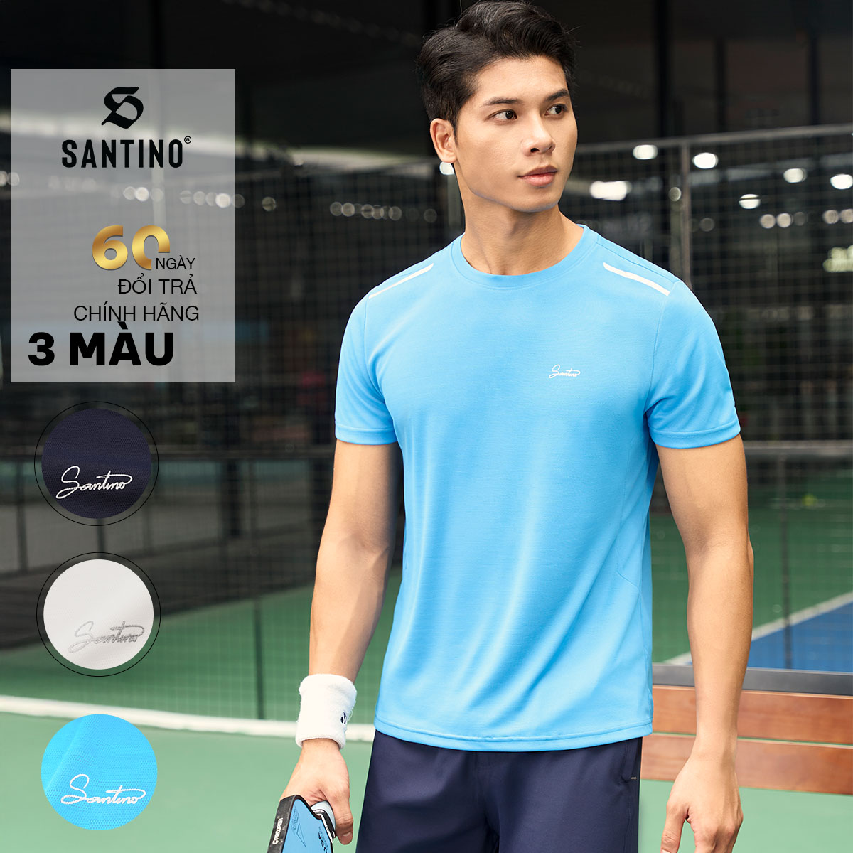 Áo Thun Thể Thao Màu Xanh Cao Cấp Santino, Chống Nhăn, Thấm Hút Tốt, Siêu Co Giãn B975