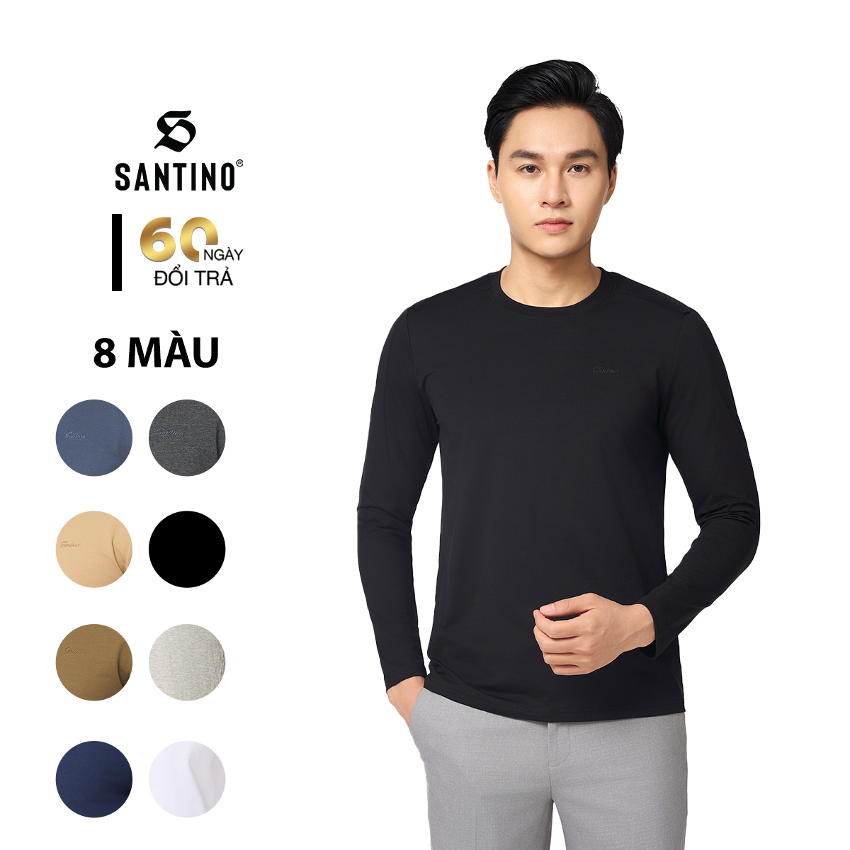 Santino - Áo Thun Nam Dài Tay Thu Đông Cổ Tròn, Cotton Giữ Ấm, Khoẻ Khoắn, Trẻ Trung P701