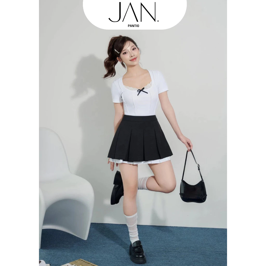 FJN5701 - Chân váy xếp ly nữ vải thô dáng xòe cạp trễ, phối vải thô trắng hiệu ứng 2 tầng, khóa giọt lệ - JAN By PANTIO