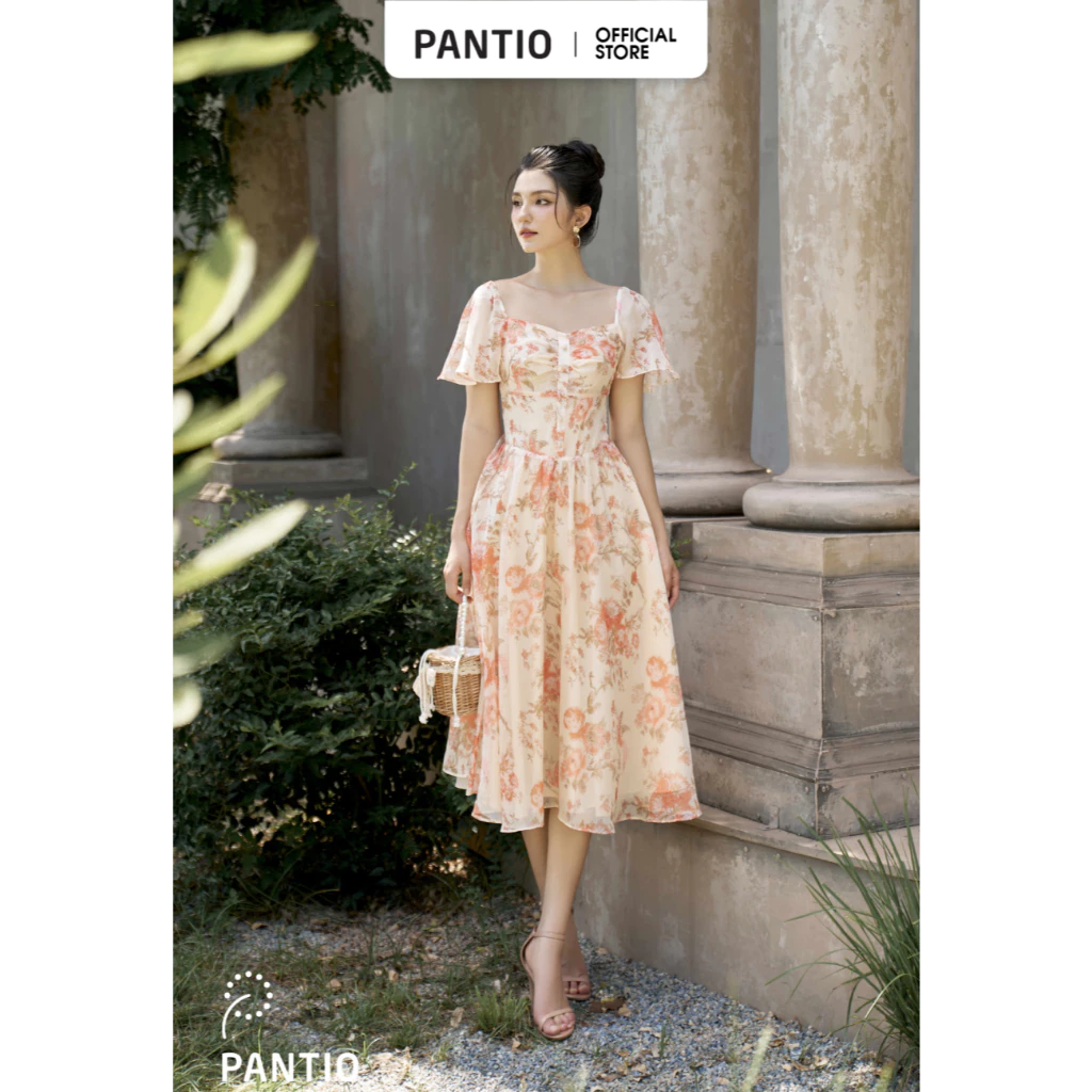 FDP33097 - Đầm dạo phố vải tơ dáng xòe cổ vuông tay bèo cánh tiên thân ngực xếp nhún khóa thân sau - PANTIO