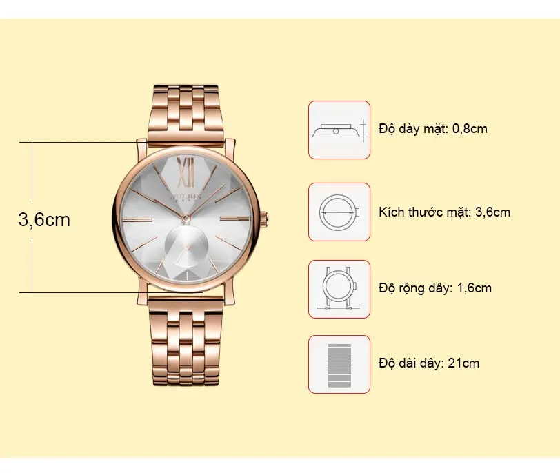 Đồng Hồ Nữ JA-1144B Julius Hàn Quốc dây thép (Đồng)