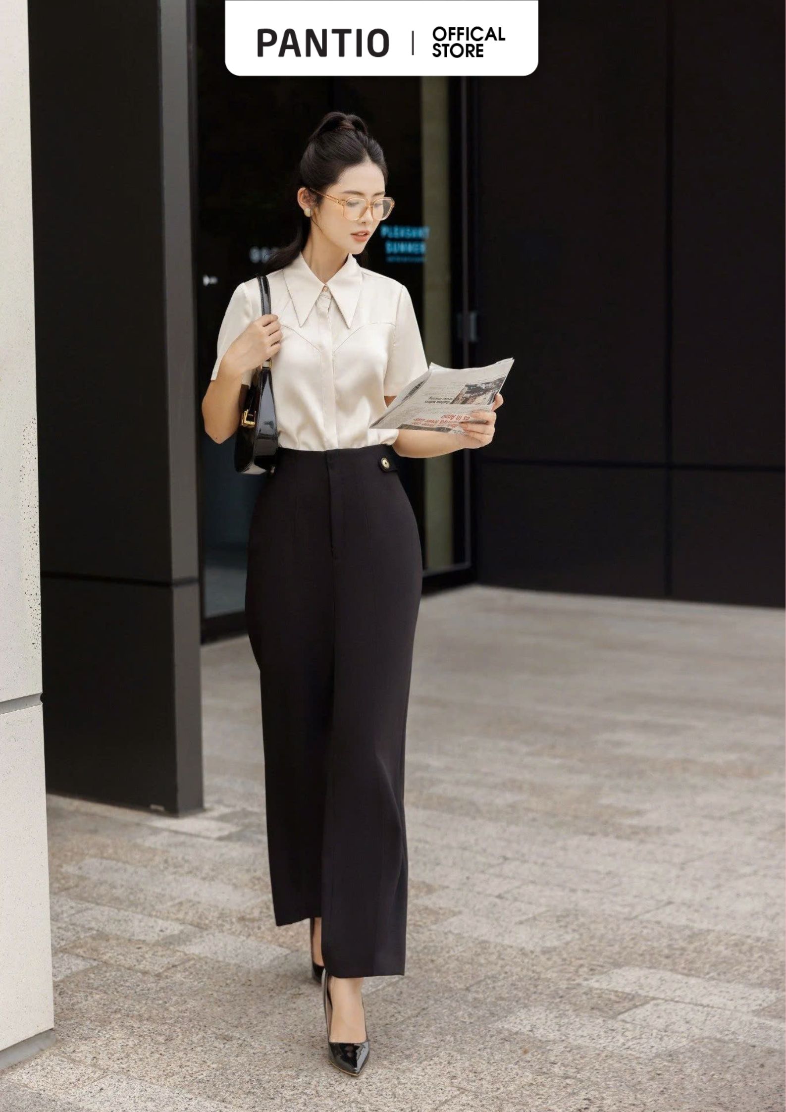 FQD51064 - Quần công sở vải thô dáng baggy cạp liền phối đai đính khuy trang trí khóa thân sau - PANTIO