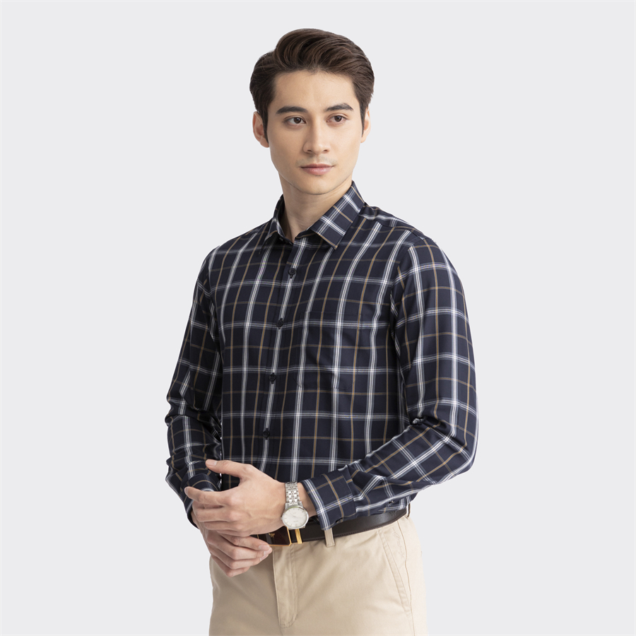 Áo sơ mi dài tay Aristino ALS08403 màu Đen kẻ trắng nâu