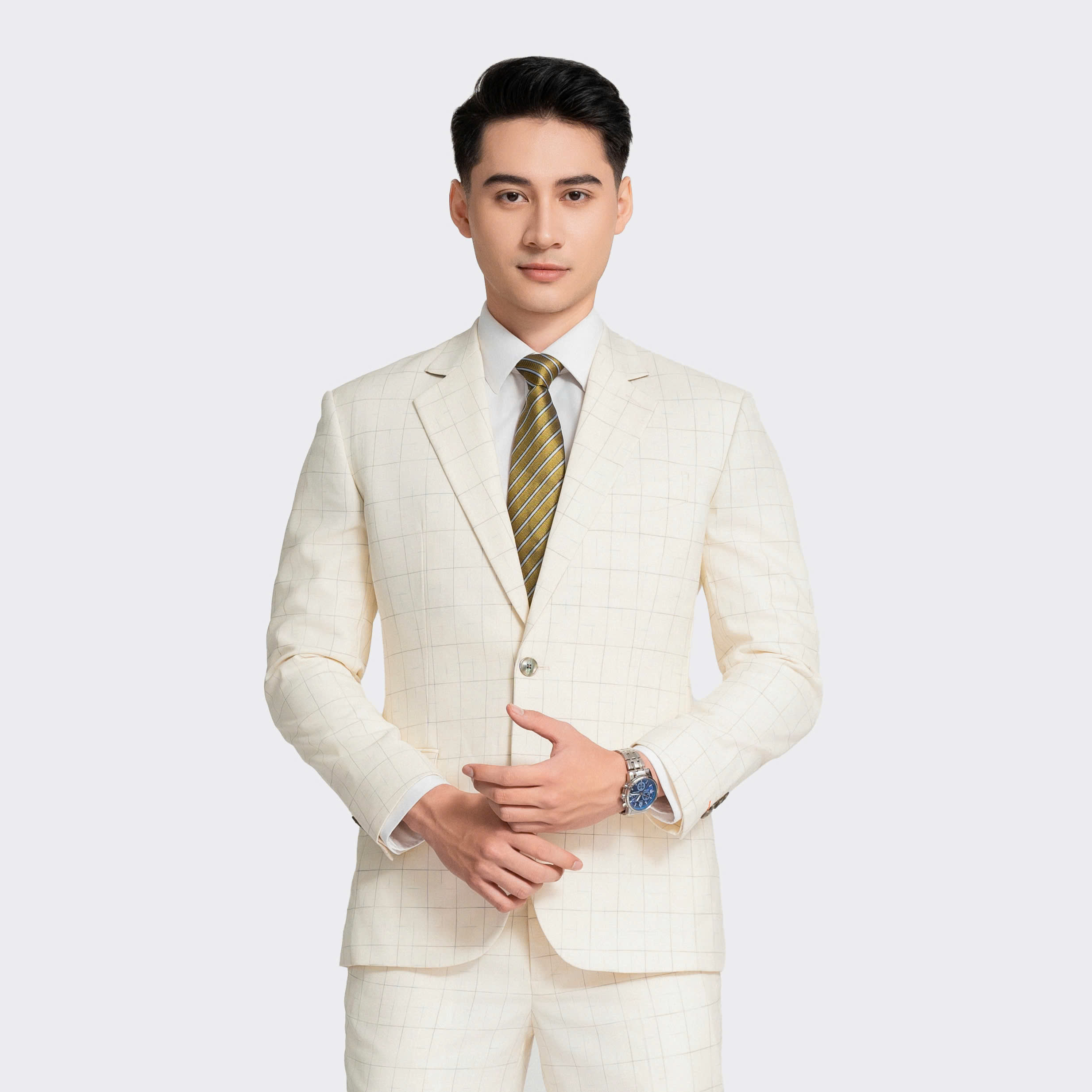 Aristino - Bộ vest ASUM020Z-BST Hoa Biển màu Be 15 kẻ Jacquard