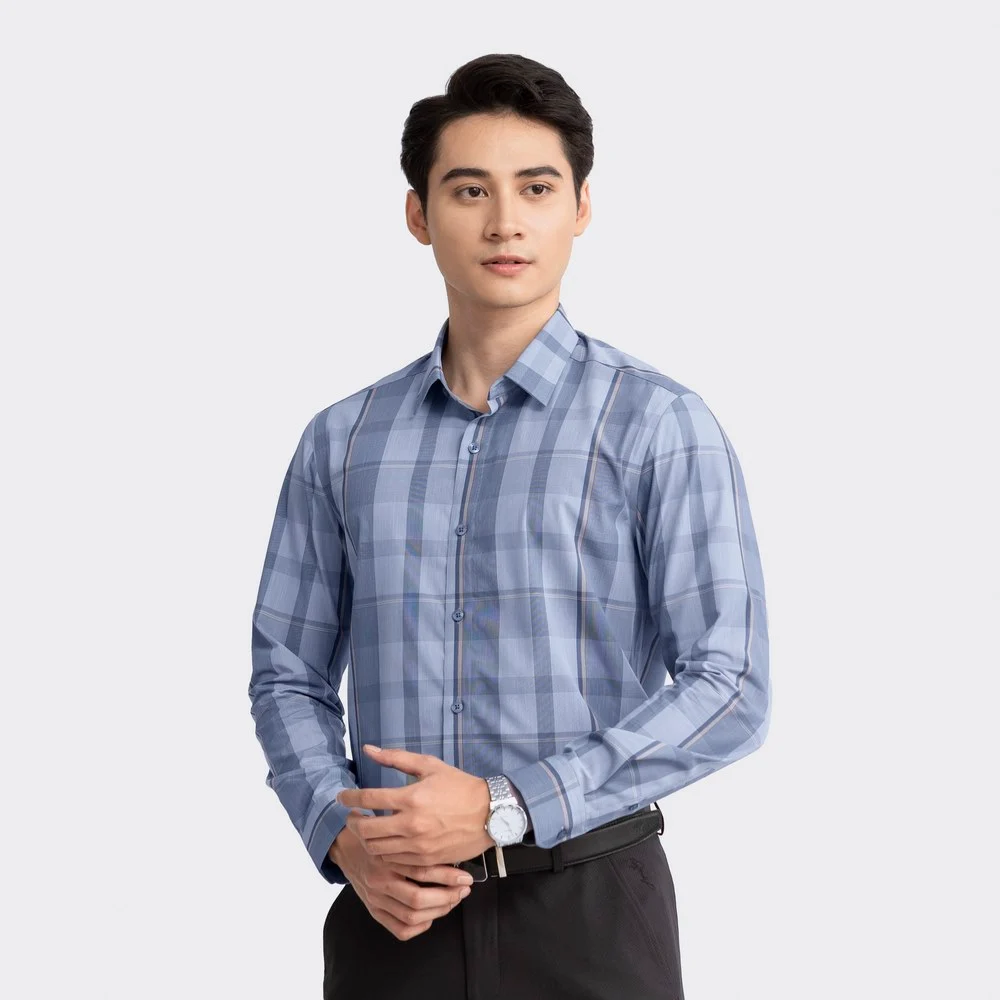 Áo sơ mi dài tay Aristino ALS01203 màu xanh xám kẻ nâu