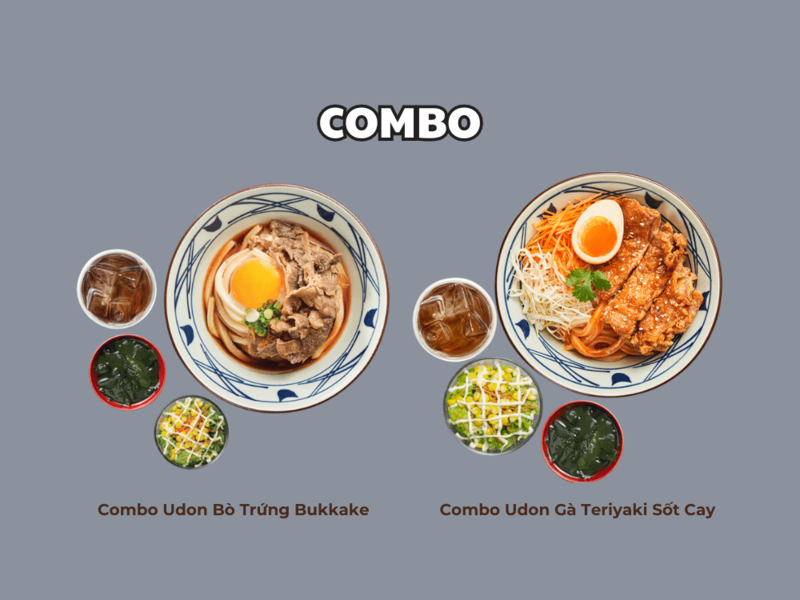 Combo Udon Bò Trứng Bukkake và Udon Gà Teriyaki Sốt Cay là 2 combo được nhiều người lựa chọn khi đến Marukame Udon