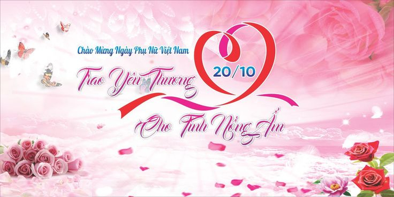 Mẫu background 20/10 lãng mạn với hoa hồng và họa tiết trái tim, phù hợp làm background sự kiện (Nguồn: Internet)