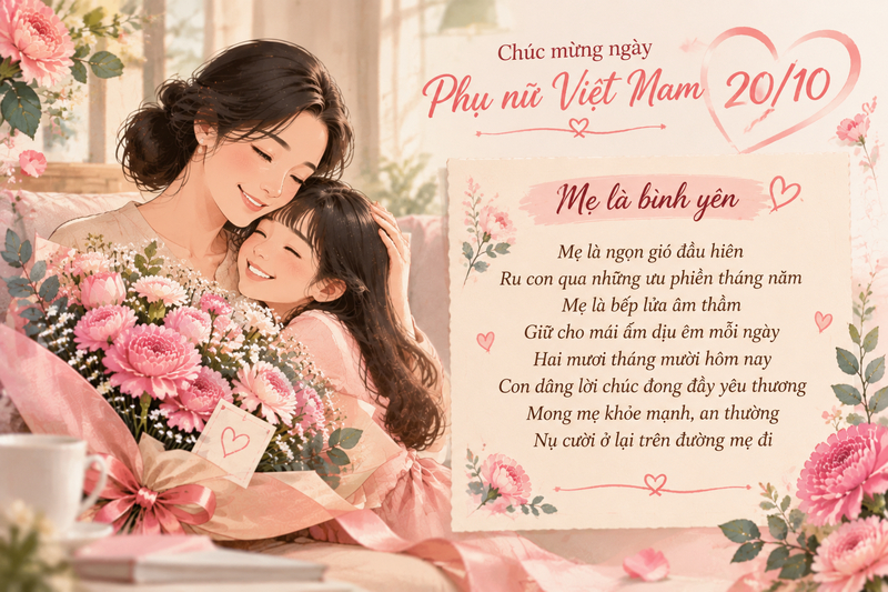 Những bài thơ chúc mừng 20/10 với câu từ giàu cảm xúc là món quà tinh thần giúp bạn gửi lời yêu thương và lòng biết ơn đến mẹ.