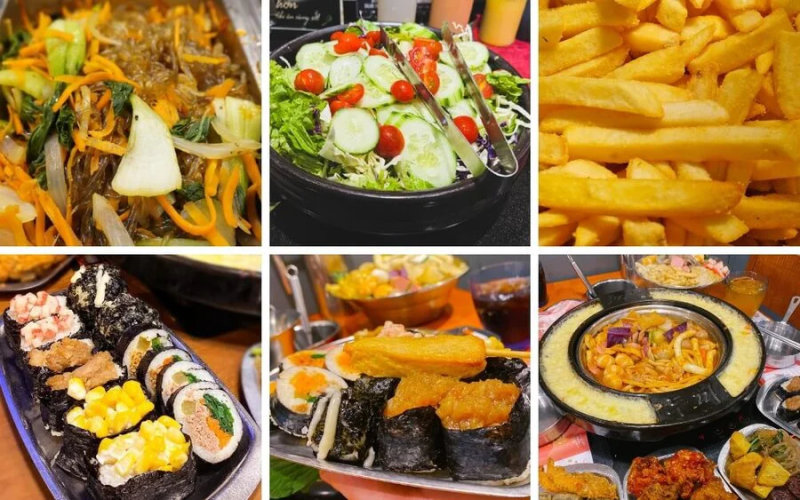 Cơm cuộn, miến xào, khoai tây chiên,... Cơm cuộn, miến xào, khoai tây chiên,...