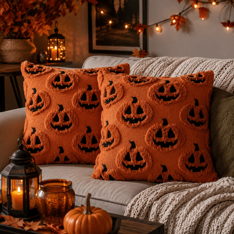 Vỏ gối, chăn và thảm màu cam, đen giúp phòng ngủ đồng bộ với chủ đề Halloween. (Nguồn: Internet)