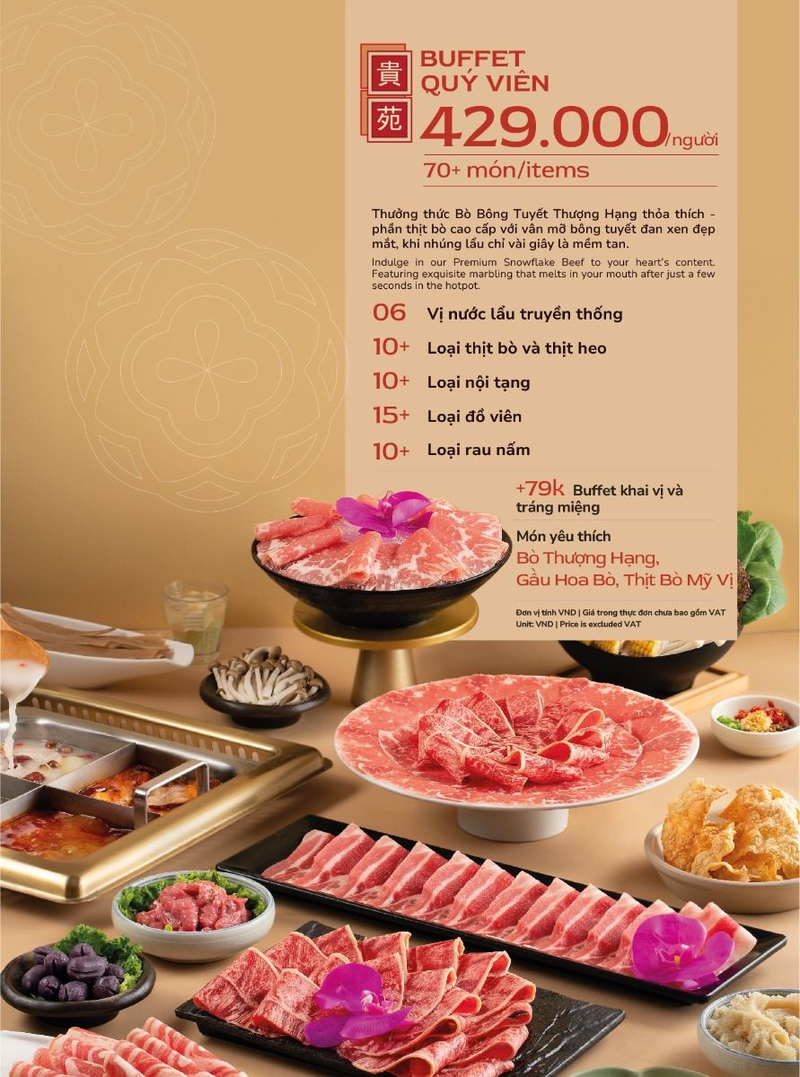 Thực khách có thể thưởng thức Bò Bông Tuyết Thượng Hạng thoải thích trong buffet Quý Viên. (Nguồn: Internet) Thực khách có thể thưởng thức Bò Bông Tuyết Thượng Hạng thoải thích trong buffet Quý Viên. (Nguồn: Internet)