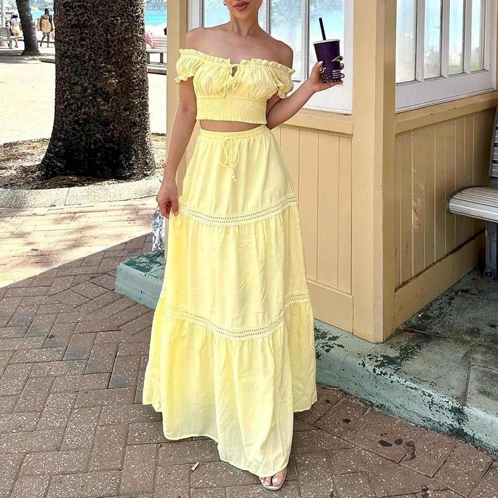 Áo trễ vai và chân váy dài tạo độ bồng bềnh và thoải mái khi di chuyển (Nguồn: Internet)