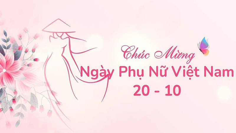 Background 20/10 tông hồng nhẹ nhàng với hình ảnh áo dài và lời chúc trang trọng. (Nguồn: Internet)