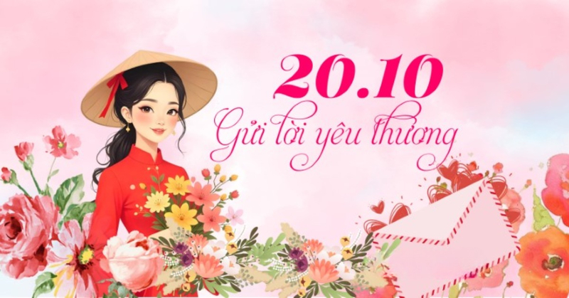 Mẫu background 20/10 hình cô gái áo dài cùng hoa hồng và lời chúc yêu thương. (Nguồn: Internet)