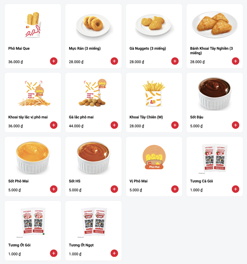 Các món ăn nhẹ tại Lotteria như khoai tây chiên, gà viên, mực vòng giúp bữa ăn thêm đa dạng hương vị.