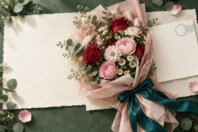 Hoa tươi kết hợp cùng thiệp viết tay là món quà truyền thống nhưng vẫn giữ được ý nghĩa nhờ sự tinh tế và tình cảm người tặng gửi gắm.