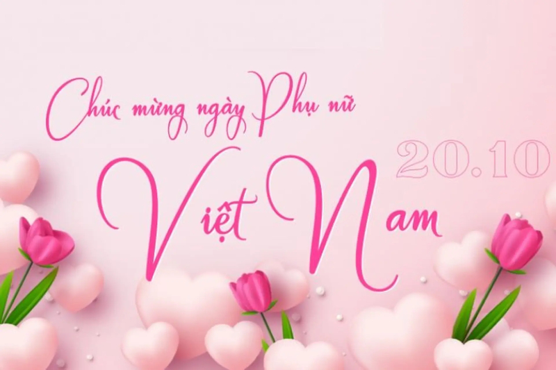 Background 20/10 tông hồng nổi bật với hoa tulip và lời chúc Ngày Phụ nữ Việt Nam. (Nguồn: Internet)