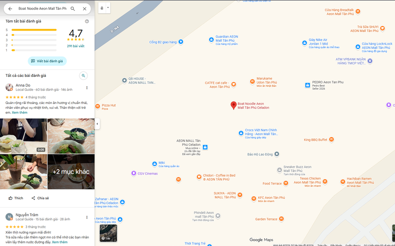 Gian hàng Boat Noodle tại AEON MALL Tân Phú Celadon được đánh giá 4.7 sao trên Google Maps